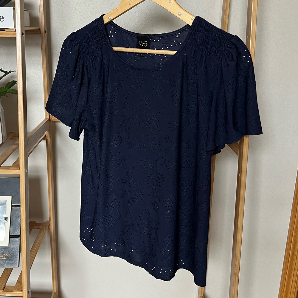 Eyelet Detail Navy Blouse